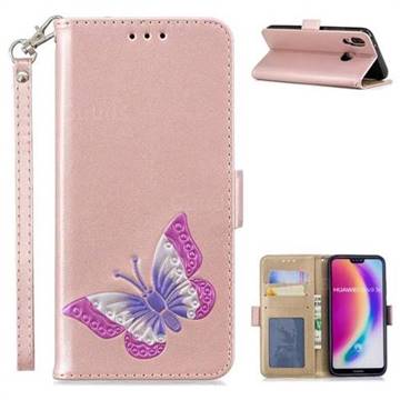 Imprint Embossing Butterfly Leather Wallet Case for Huawei P20 Lite - Rose Gold