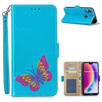 Imprint Embossing Butterfly Leather Wallet Case for Huawei P20 Lite - Sky Blue