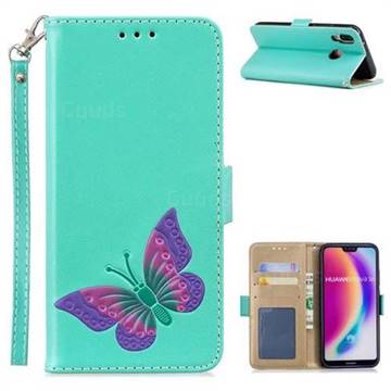 Imprint Embossing Butterfly Leather Wallet Case for Huawei P20 Lite - Mint Green