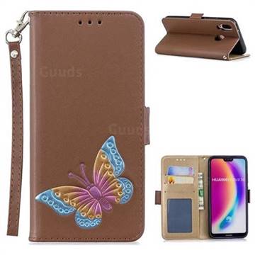Imprint Embossing Butterfly Leather Wallet Case for Huawei P20 Lite - Brown