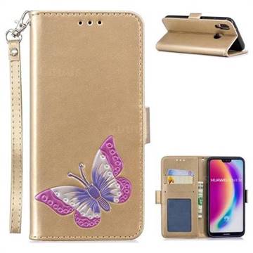 Imprint Embossing Butterfly Leather Wallet Case for Huawei P20 Lite - Golden
