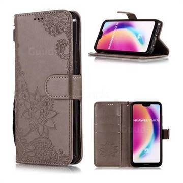Intricate Embossing Lotus Mandala Flower Leather Wallet Case for Huawei P20 Lite - Gray
