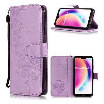 Intricate Embossing Dandelion Butterfly Leather Wallet Case for Huawei P20 Lite - Purple