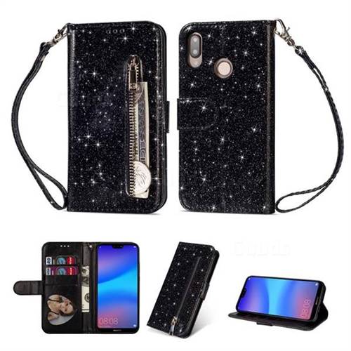 Glitter Shine Leather Zipper Wallet Phone Case for Huawei P20 Lite - Black