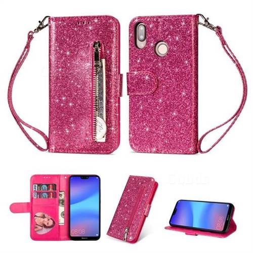Glitter Shine Leather Zipper Wallet Phone Case for Huawei P20 Lite - Rose