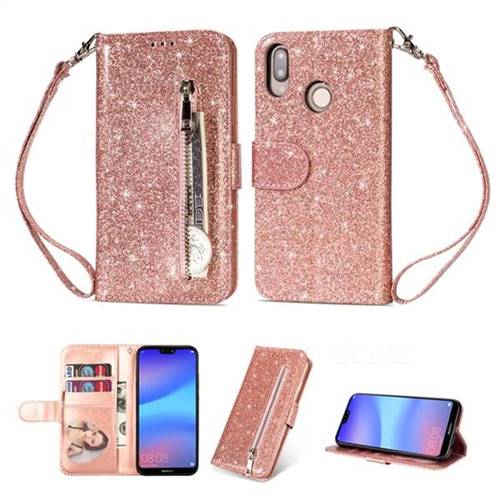 Glitter Shine Leather Zipper Wallet Phone Case for Huawei P20 Lite - Pink