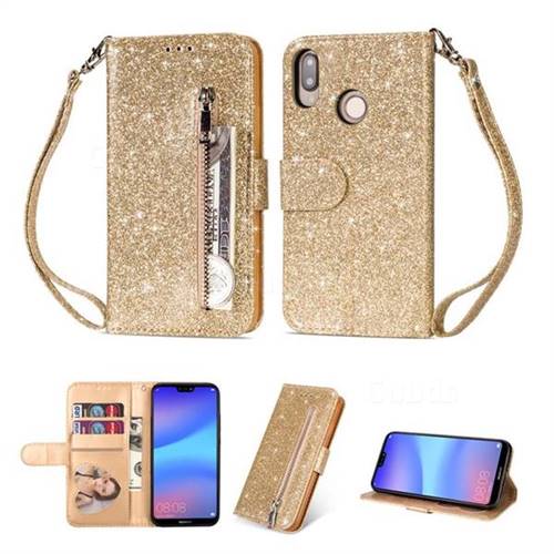 Glitter Shine Leather Zipper Wallet Phone Case for Huawei P20 Lite - Gold