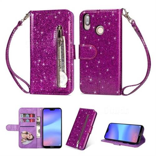 Glitter Shine Leather Zipper Wallet Phone Case for Huawei P20 Lite - Purple
