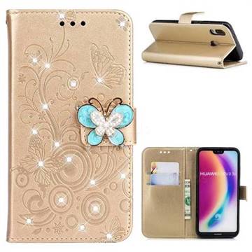 Embossing Butterfly Circle Rhinestone Leather Wallet Case for Huawei P20 Lite - Champagne