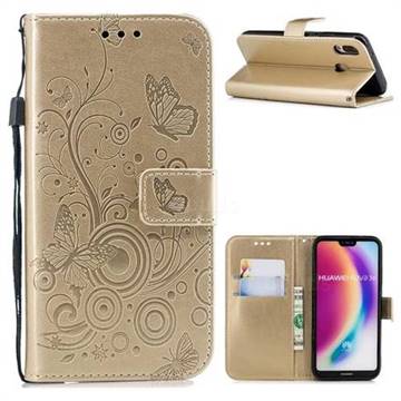 Intricate Embossing Butterfly Circle Leather Wallet Case for Huawei P20 Lite - Champagne