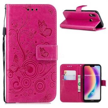 Intricate Embossing Butterfly Circle Leather Wallet Case for Huawei P20 Lite - Red