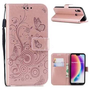 Intricate Embossing Butterfly Circle Leather Wallet Case for Huawei P20 Lite - Rose Gold