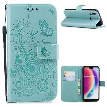 Intricate Embossing Butterfly Circle Leather Wallet Case for Huawei P20 Lite - Cyan