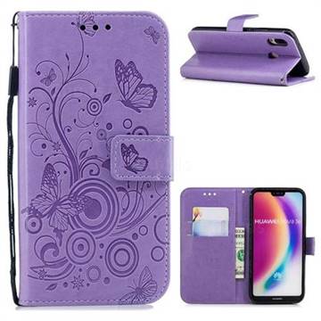 Intricate Embossing Butterfly Circle Leather Wallet Case for Huawei P20 Lite - Purple