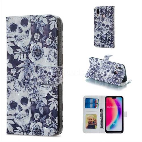 Skull Flower 3D Painted Leather Phone Wallet Case for Huawei P20 Lite