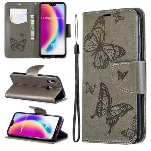 Embossing Double Butterfly Leather Wallet Case for Huawei P20 Lite - Gray