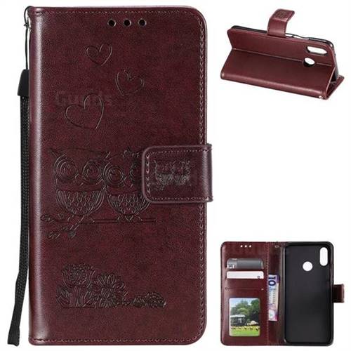 Embossing Owl Couple Flower Leather Wallet Case for Huawei P20 Lite - Brown