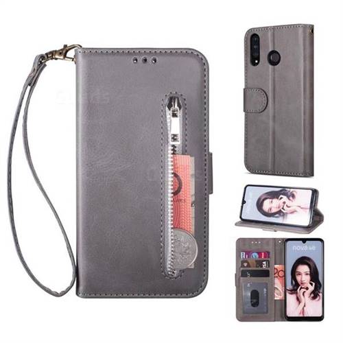 Retro Calfskin Zipper Leather Wallet Case Cover for Huawei P20 Lite - Grey
