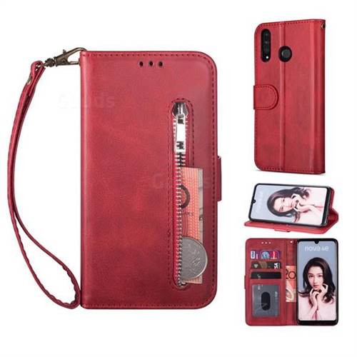 Retro Calfskin Zipper Leather Wallet Case Cover for Huawei P20 Lite - Red