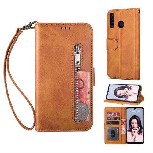 Retro Calfskin Zipper Leather Wallet Case Cover for Huawei P20 Lite - Brown