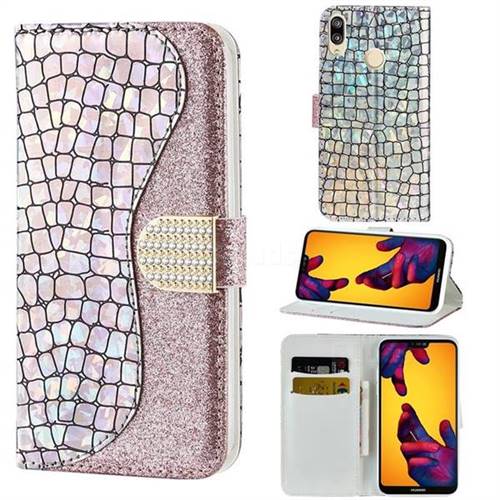 Glitter Diamond Buckle Laser Stitching Leather Wallet Phone Case for Huawei P20 Lite - Pink