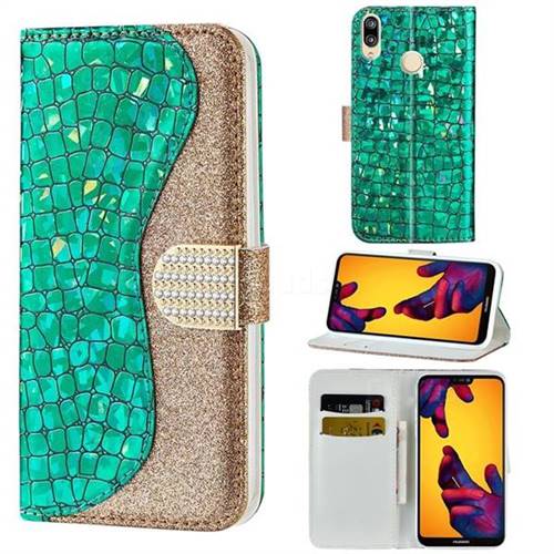 Glitter Diamond Buckle Laser Stitching Leather Wallet Phone Case for Huawei P20 Lite - Green