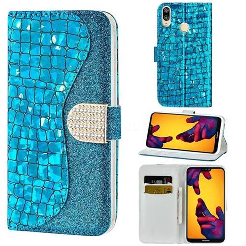 Glitter Diamond Buckle Laser Stitching Leather Wallet Phone Case for Huawei P20 Lite - Blue
