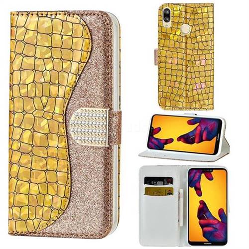 Glitter Diamond Buckle Laser Stitching Leather Wallet Phone Case for Huawei P20 Lite - Gold