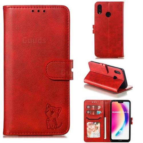 Embossing Happy Cat Leather Wallet Case for Huawei P20 Lite - Red