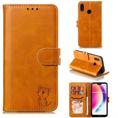 Embossing Happy Cat Leather Wallet Case for Huawei P20 Lite - Yellow
