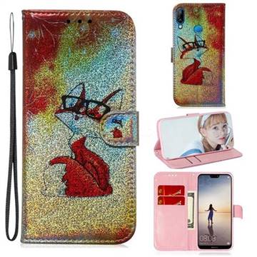 Glasses Fox Laser Shining Leather Wallet Phone Case for Huawei P20 Lite