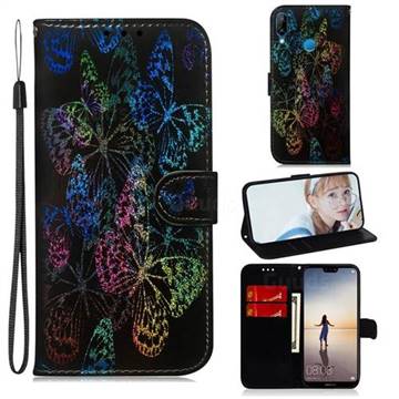 Black Butterfly Laser Shining Leather Wallet Phone Case for Huawei P20 Lite