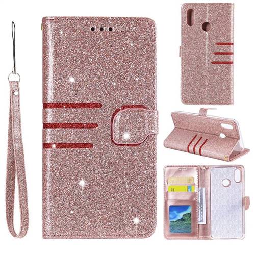 Retro Stitching Glitter Leather Wallet Phone Case for Huawei P20 Lite - Rose Gold