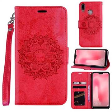 Embossing Retro Matte Mandala Flower Leather Wallet Case for Huawei P20 Lite - Red