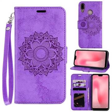 Embossing Retro Matte Mandala Flower Leather Wallet Case for Huawei P20 Lite - Purple