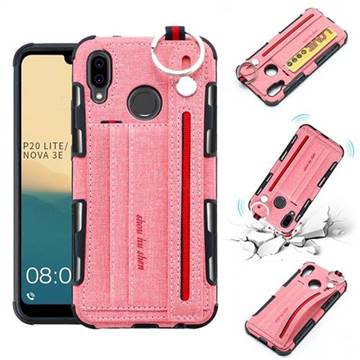 British Style Canvas Pattern Multi-function Leather Phone Case for Huawei P20 Lite - Pink