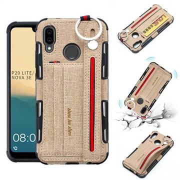British Style Canvas Pattern Multi-function Leather Phone Case for Huawei P20 Lite - Khaki