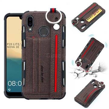 British Style Canvas Pattern Multi-function Leather Phone Case for Huawei P20 Lite - Brown