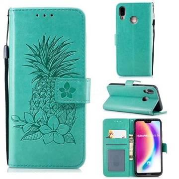 Embossing Flower Pineapple Leather Wallet Case for Huawei P20 Lite - Mint Green