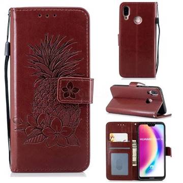 Embossing Flower Pineapple Leather Wallet Case for Huawei P20 Lite - Brown