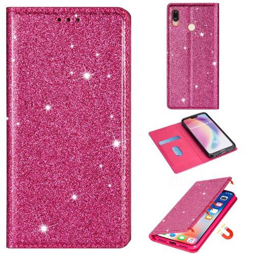Ultra Slim Glitter Powder Magnetic Automatic Suction Leather Wallet Case for Huawei P20 Lite - Rose Red