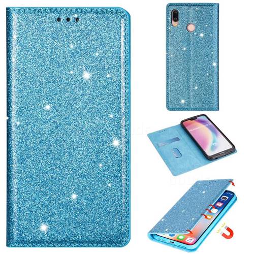 Ultra Slim Glitter Powder Magnetic Automatic Suction Leather Wallet Case for Huawei P20 Lite - Blue