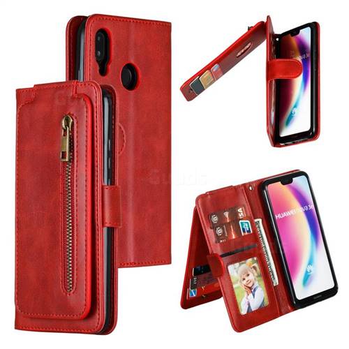 Multifunction 9 Cards Leather Zipper Wallet Phone Case for Huawei P20 Lite - Red