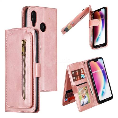 Multifunction 9 Cards Leather Zipper Wallet Phone Case for Huawei P20 Lite - Rose Gold