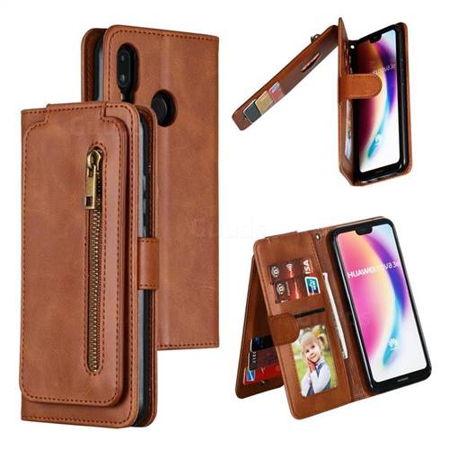 Multifunction 9 Cards Leather Zipper Wallet Phone Case for Huawei P20 Lite - Brown