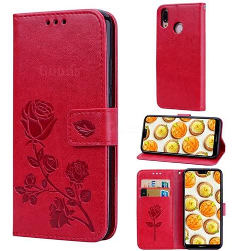 Embossing Rose Flower Leather Wallet Case for Huawei P20 Lite - Red