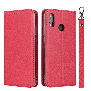 Ultra Slim Magnetic Automatic Suction Silk Lanyard Leather Flip Cover for Huawei P20 Lite - Red