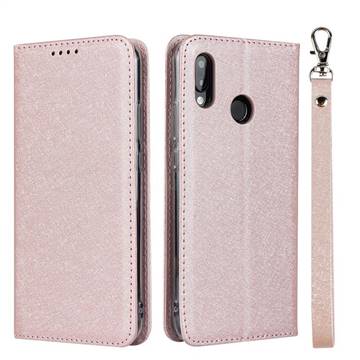 Ultra Slim Magnetic Automatic Suction Silk Lanyard Leather Flip Cover for Huawei P20 Lite - Rose Gold