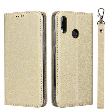 Ultra Slim Magnetic Automatic Suction Silk Lanyard Leather Flip Cover for Huawei P20 Lite - Golden