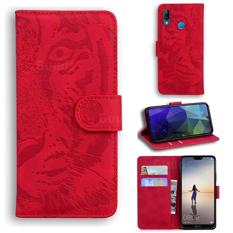 Intricate Embossing Tiger Face Leather Wallet Case for Huawei P20 Lite - Red